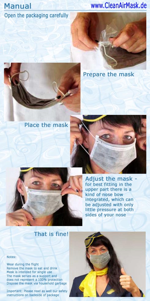 Product information for CleanAirMask against Aerotoxic syndrome Filter Respirator Atemschutzfilter Atemluftfilter Atemschutzmaske, breath protection filter mask - www.CleanAirMask.de